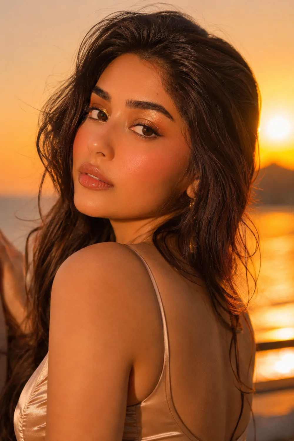 Sunset rosy glow makeup with bronzed skin, peachy gummy blush, glossy nude lips, golden hour lighting, beach waves hairstyle, and glamorous feminine beauty aesthetic.