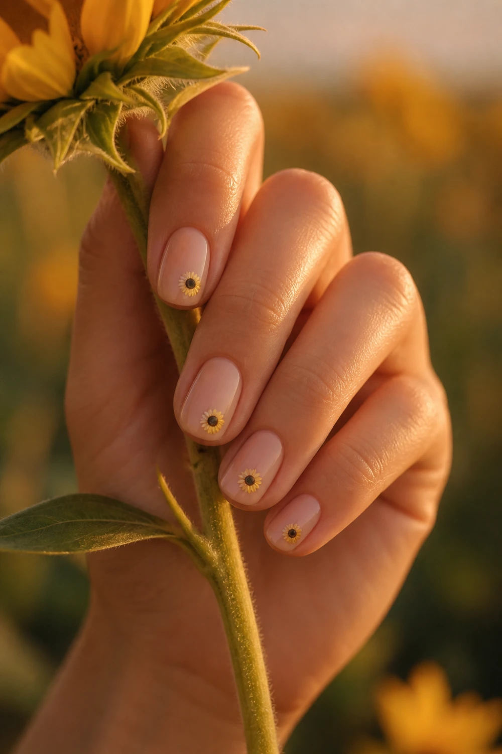 short nude nails with tiny sunflower nail art, micro yellow flowers, glossy finish, natural manicure in warm sunlight close up