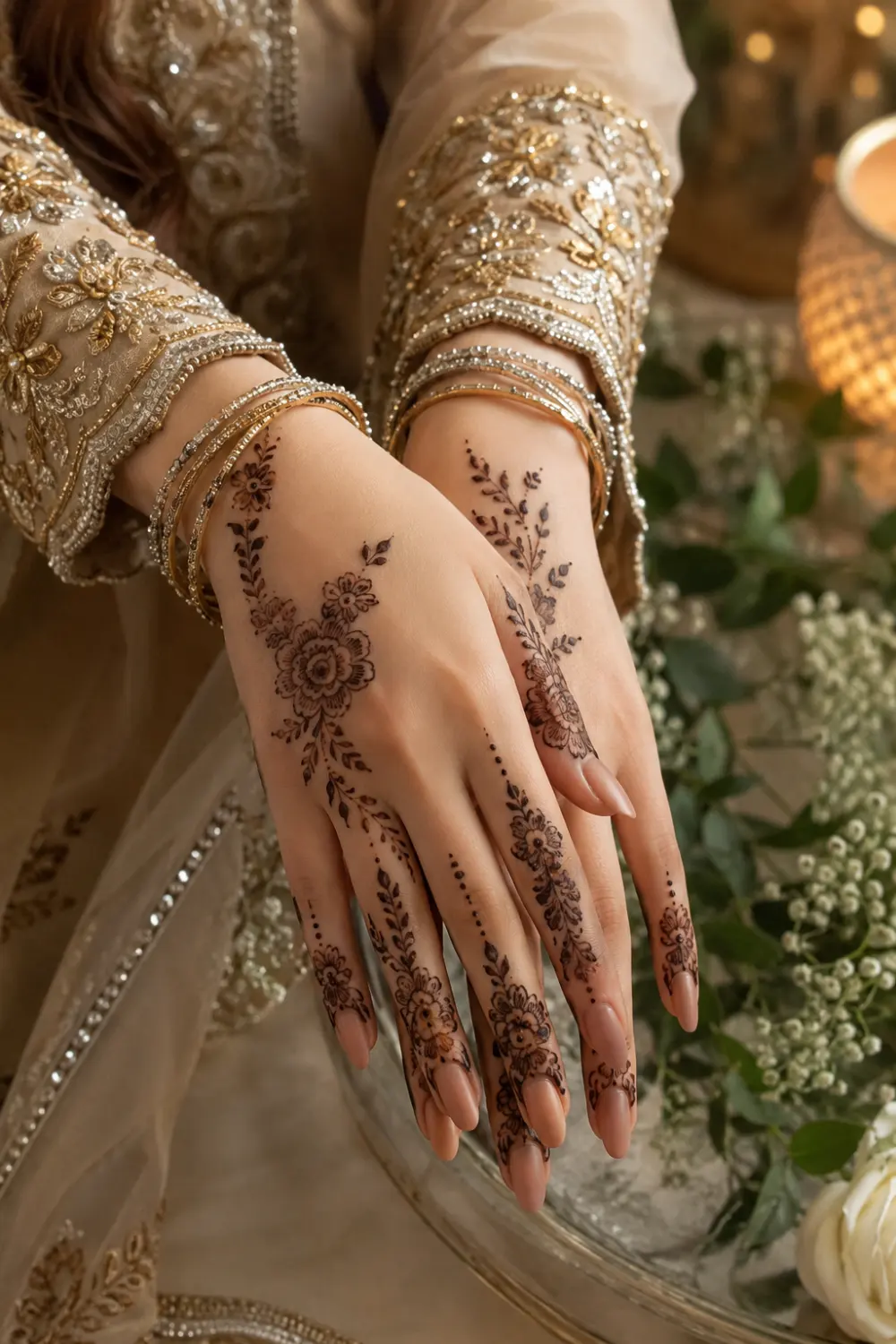 Soft floral minimal mehndi design for Eid ul Adha 2026 featuring delicate floral henna patterns, leafy trails, nude nails, and classy feminine festive styling.