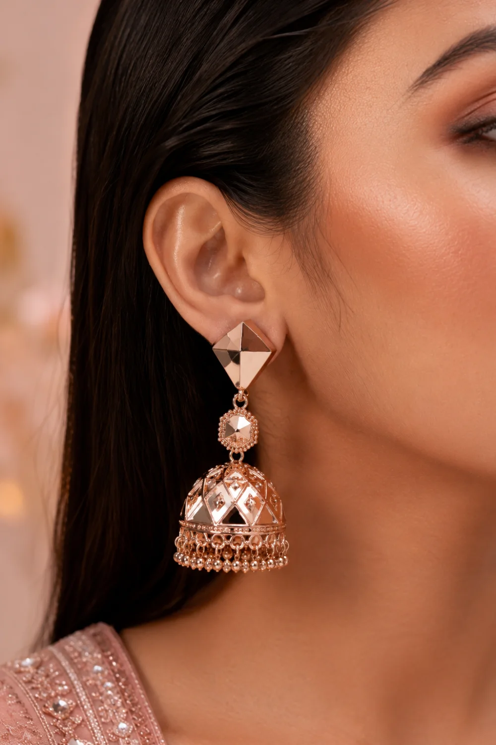 Rose gold contemporary jhumka earrings with geometric metallic detailing, sleek modern structure, feminine luxury styling, and soft pastel editorial fashion aesthetic