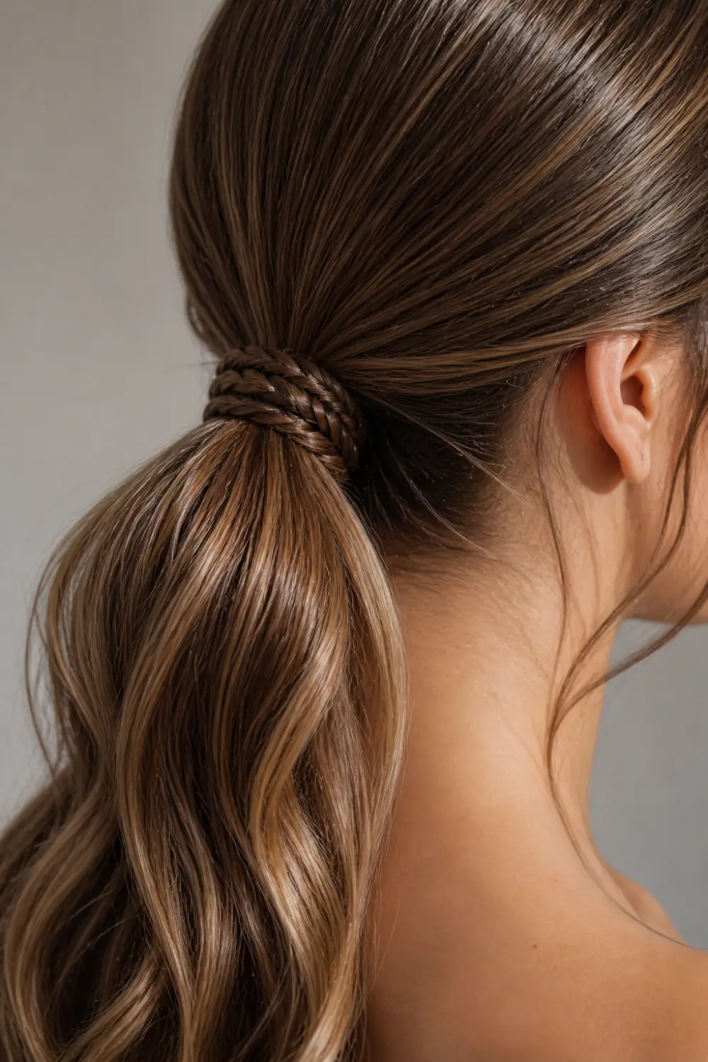 braided wrap ponytail hair tie hidden with small braid sleek smooth ponytail detail clean polished hairstyle close up