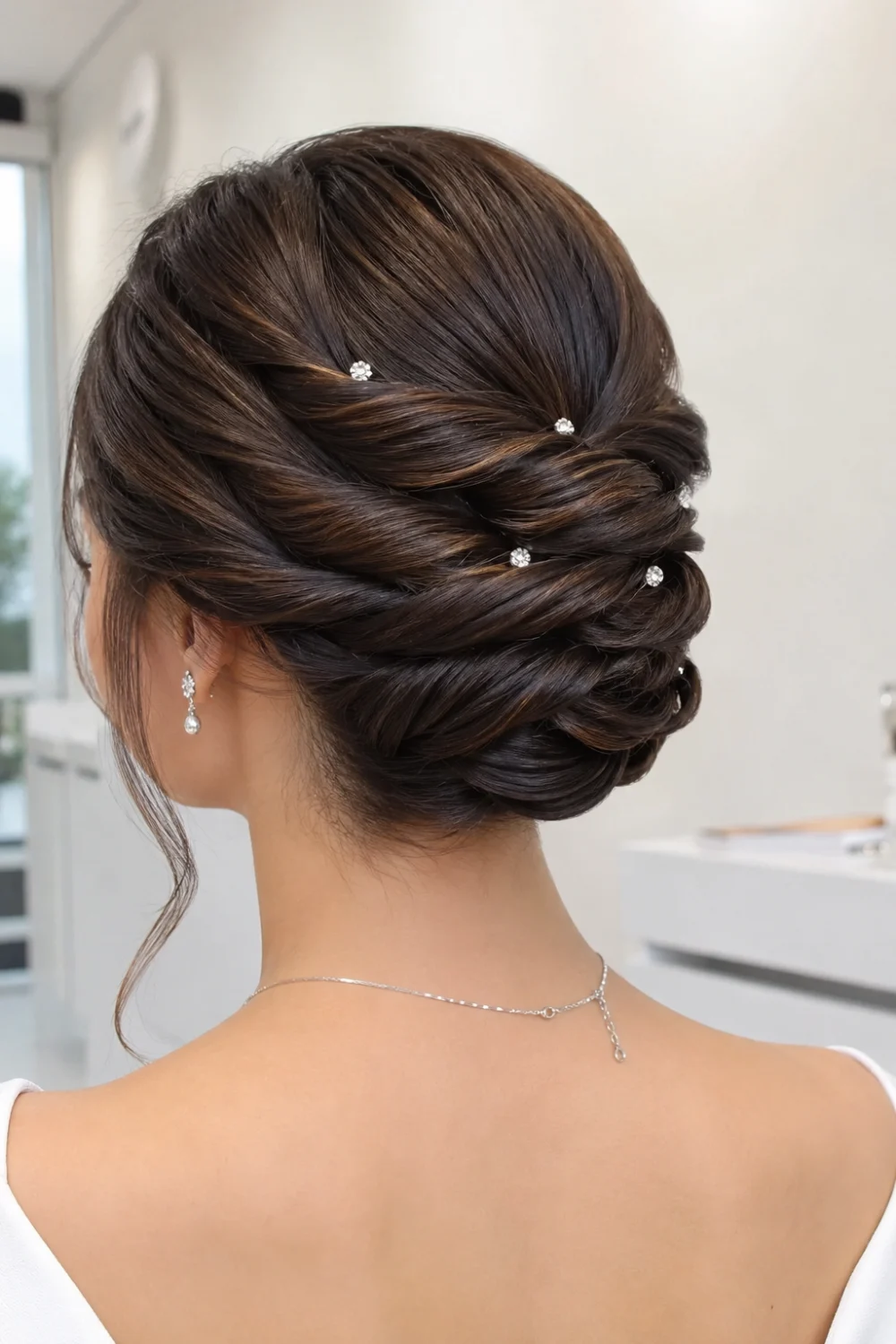 Twisted jewel braided updo hairstyle with soft twisted sections, intricate braid detailing, polished low bun, and crystal accents for classy formal hairstyles.