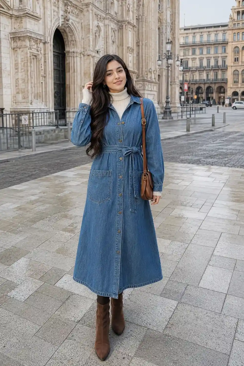 Woman wearing a long sleeve denim maxi dress with brown boots and a crossbody bag while standing in a luxury European city street.
