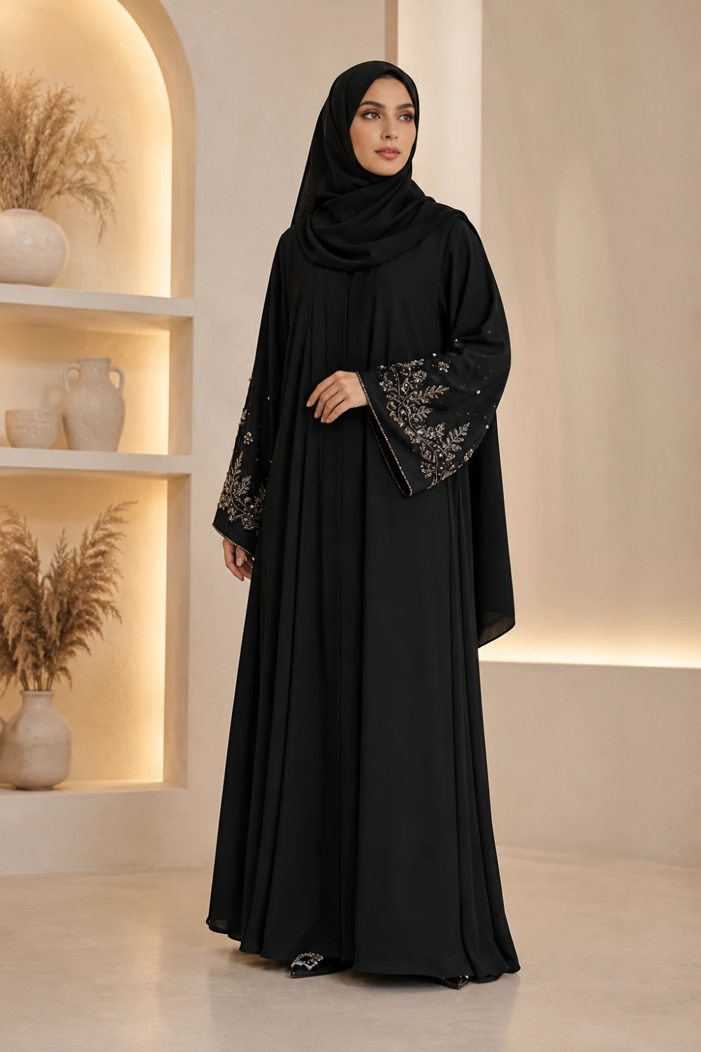 Elegant Muslim woman wearing black embroidered sleeve abaya with matching hijab in luxury modest fashion full body indoor portrait