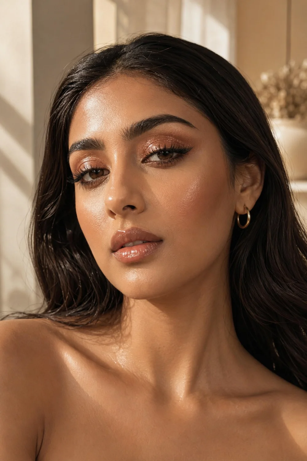 South Asian woman wearing bronze shimmer dewy makeup with radiant glowing skin glossy nude lips bronzed eyelids fluffy lashes and sleek glamorous hairstyle in natural sunlight
