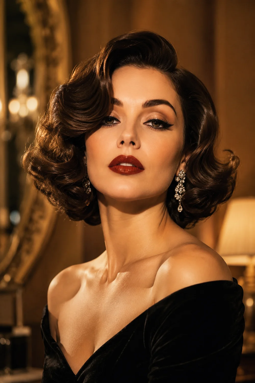 Vintage glam wavy bob hairstyle with old Hollywood waves, glossy brunette hair, dramatic side part, and elegant voluminous short hair styling for 2026.