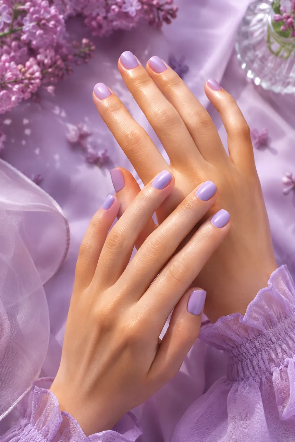 Lavender lilac short nails with glossy pastel finish, dreamy floral background, feminine beauty styling, and elegant spring manicure aesthetic on short nails.