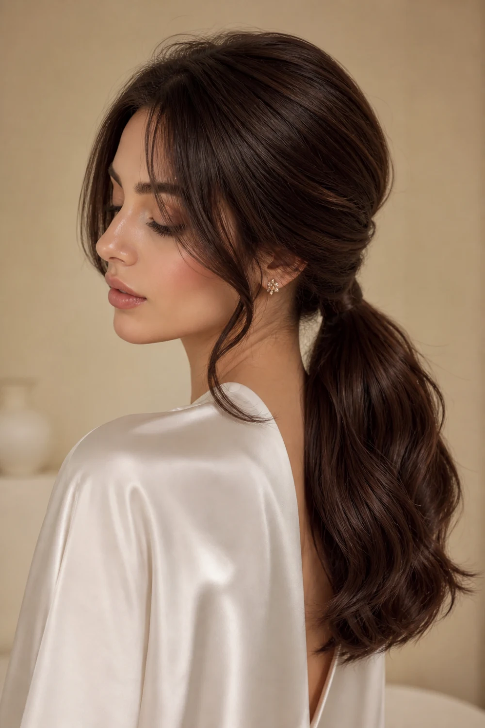 low ponytail loose waves hairstyle, elegant wavy ponytail look, soft face framing strands ponytail, simple chic hairstyle, parisian low pony hair, minimal classy hair trend