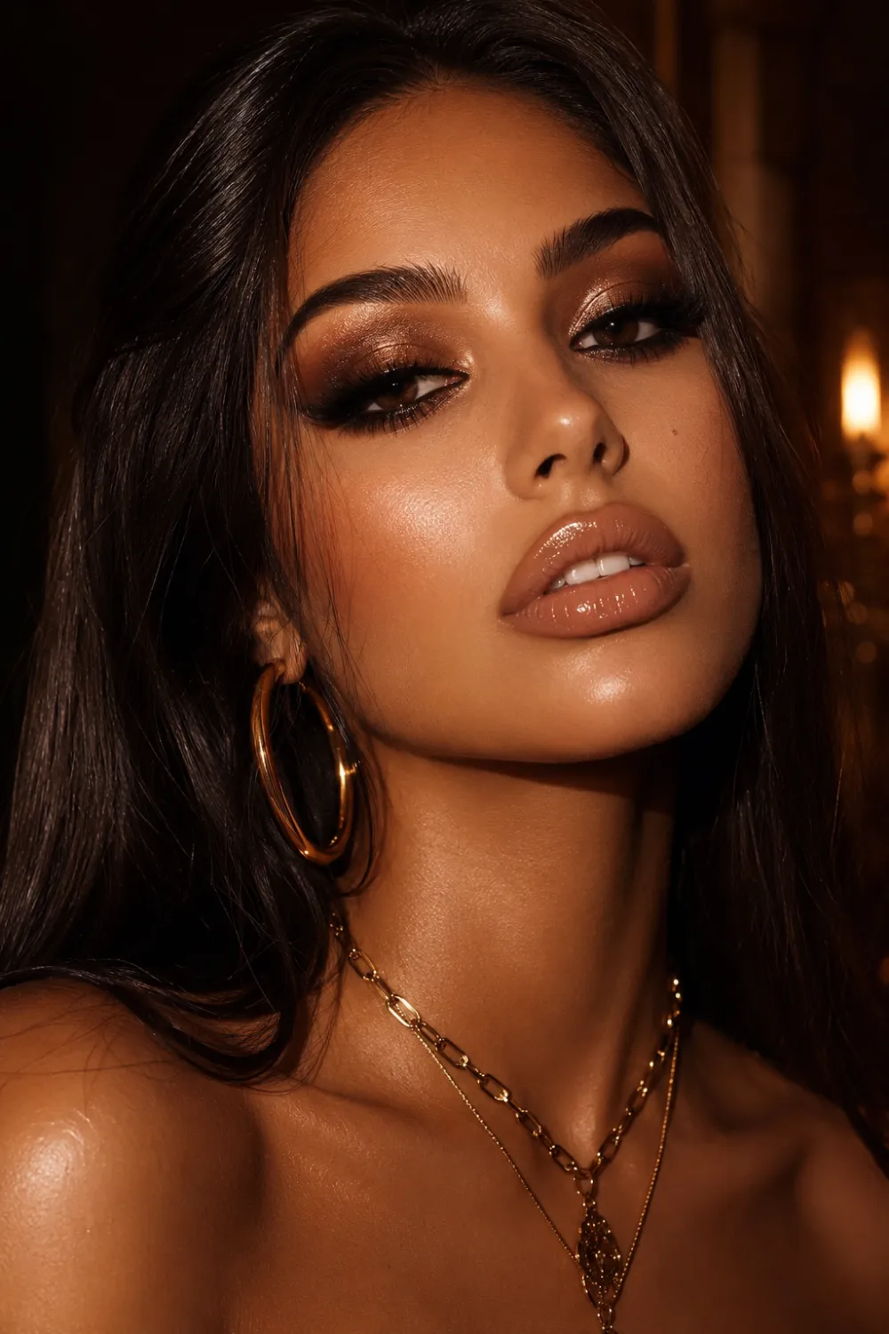 Smokey brown Y2K glam makeup with chocolate brown eyeshadow, glossy nude lips, bronzed glowing skin, dramatic lashes, gold jewelry, and luxurious retro beauty aesthetics.