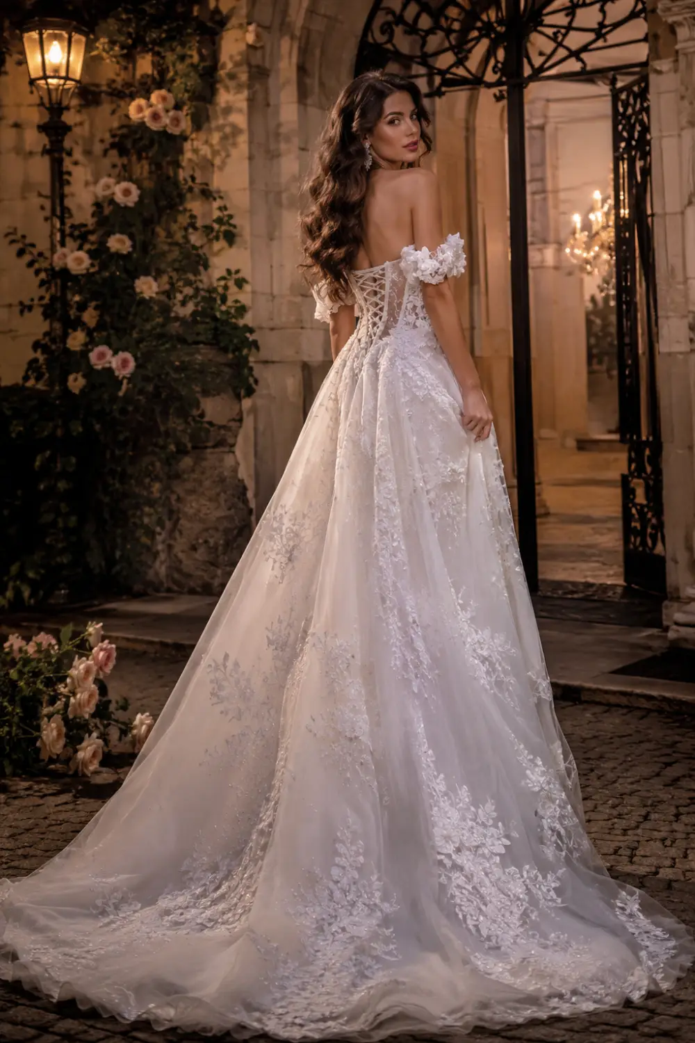 Romantic off shoulder corset ball gown wedding dress with floral lace embroidery, lace-up back, flowing princess skirt, and elegant bridal styling in a luxury courtyard with warm lantern lighting.