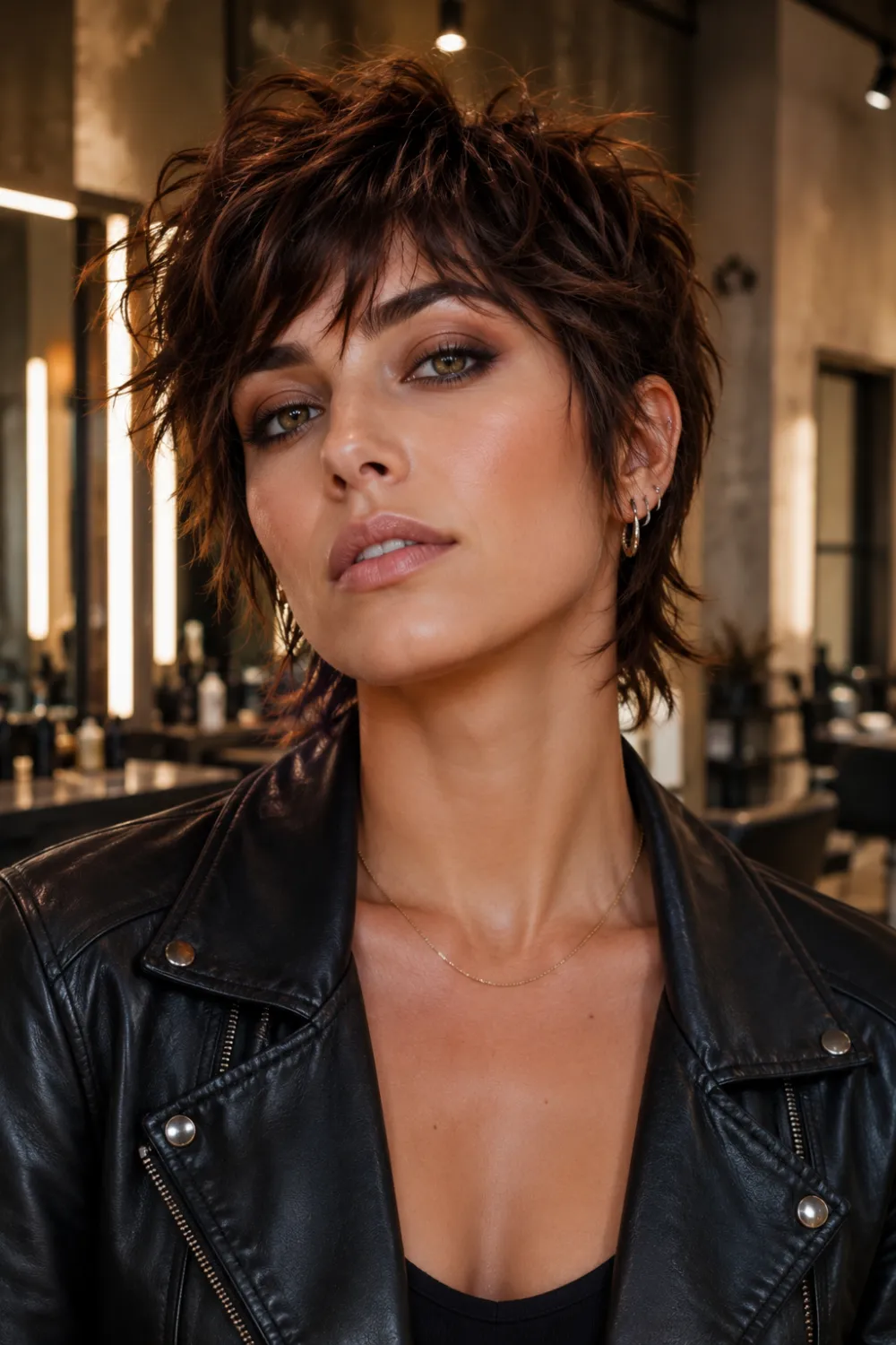 Shaggy rocker pixie haircut with messy brunette layers, textured short hair volume, and edgy modern salon styling with soft glam beauty aesthetic.