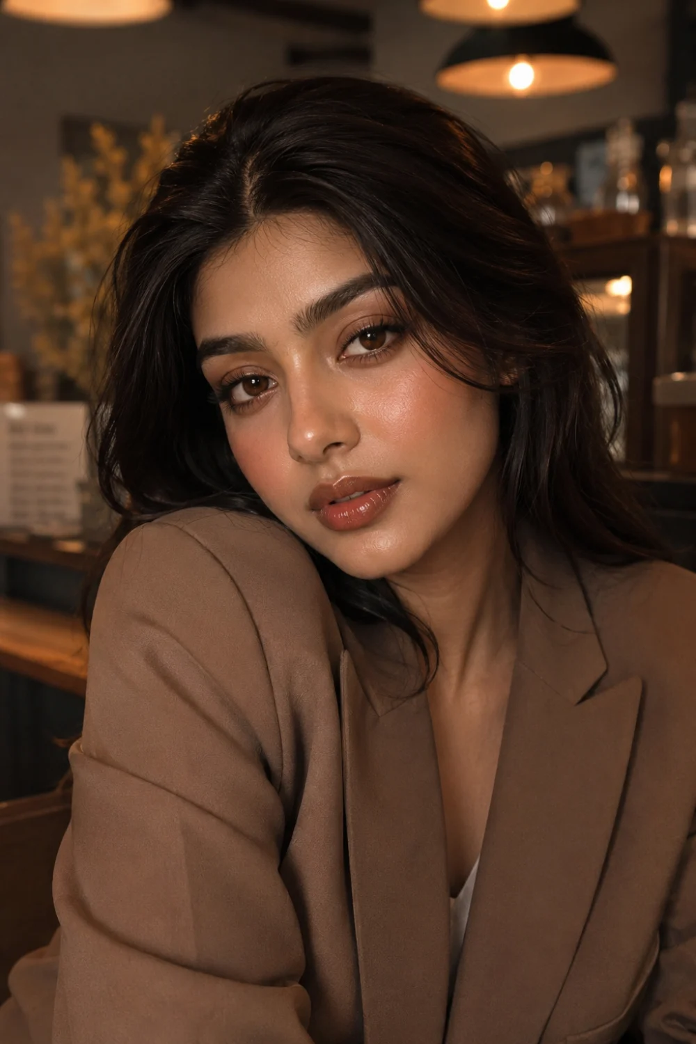 Rosy latte soft glam makeup with warm brown tones, glossy mocha lips, luminous skin, neutral blazer outfit, soft glam eyes, and elegant feminine beauty aesthetic.