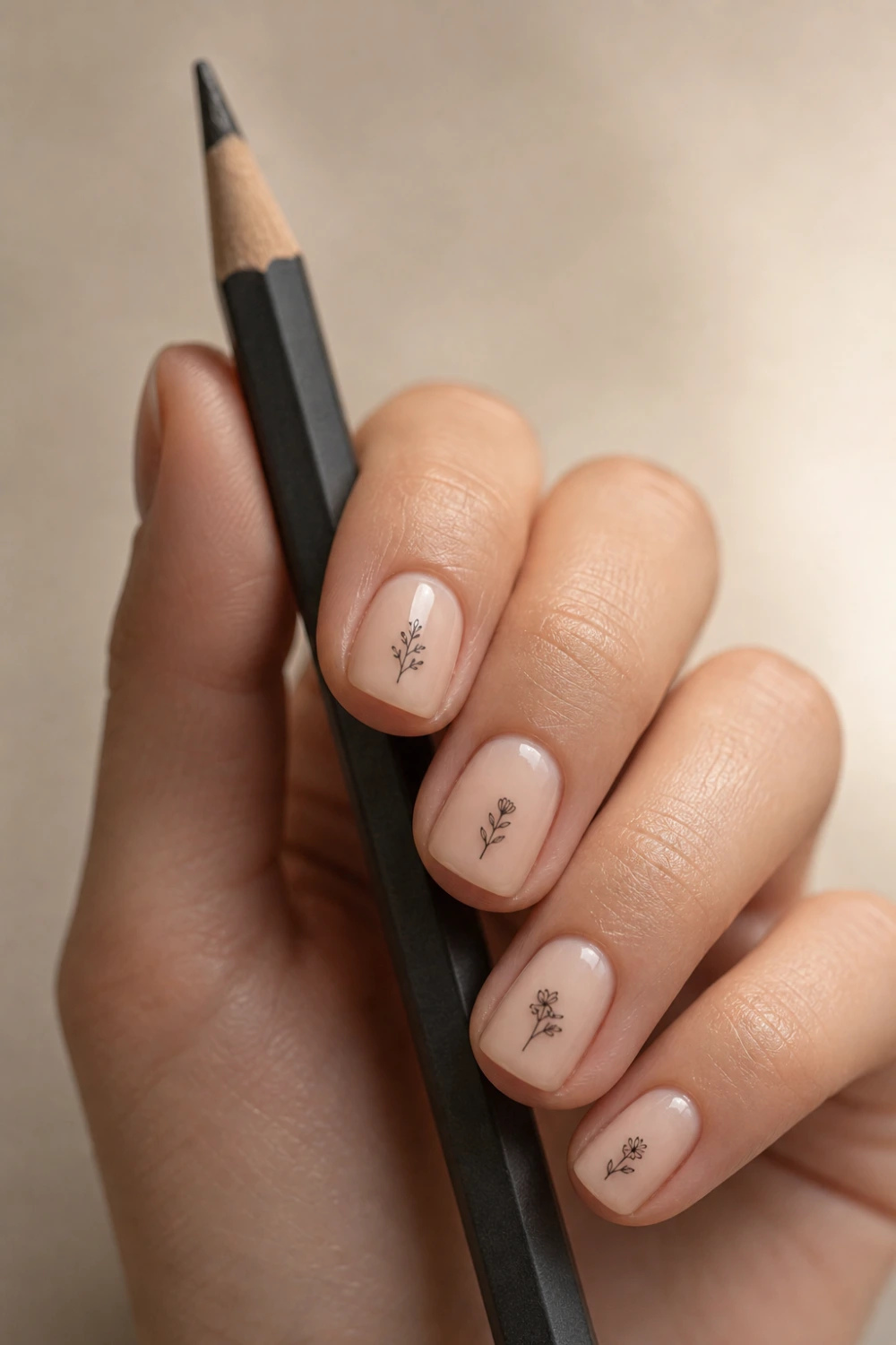 nude nails with ultra fine black floral line art, minimalist micro floral design, glossy short nails, clean modern manicure close up