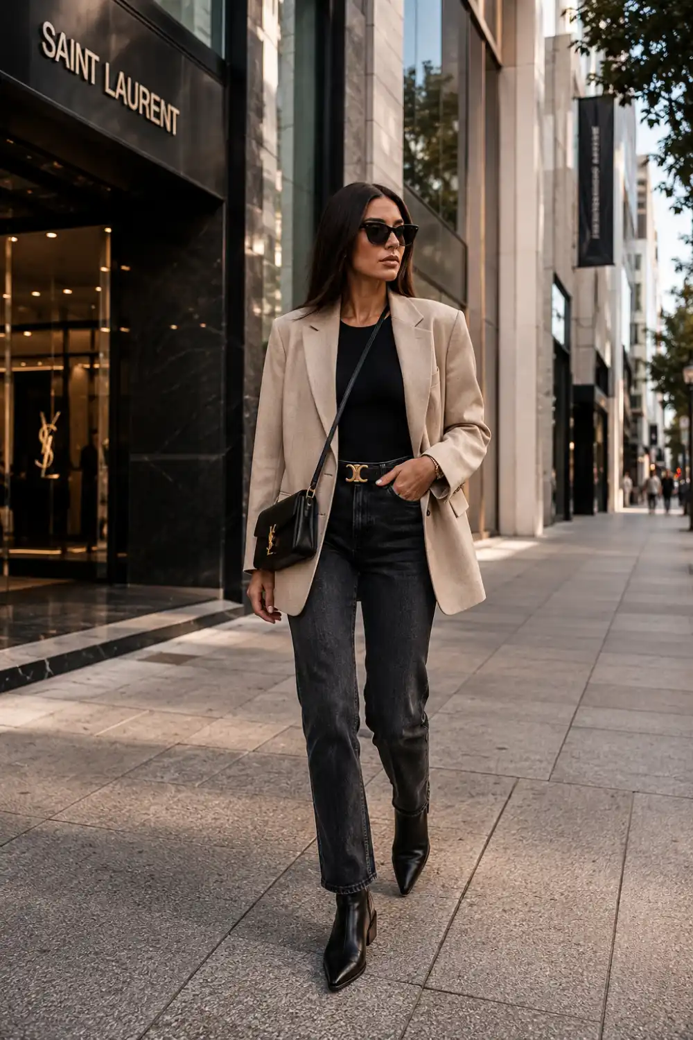 Luxury street-style business casual outfit with beige oversized blazer, black fitted top, dark straight-leg jeans, ankle boots, sunglasses, and trendy city fashion styling.