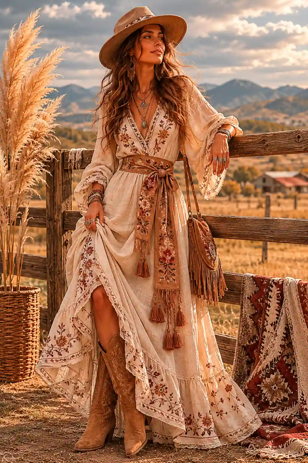 Boho western festival sash outfit with embroidered maxi dress cowboy boots and rustic countryside fashion during golden hour