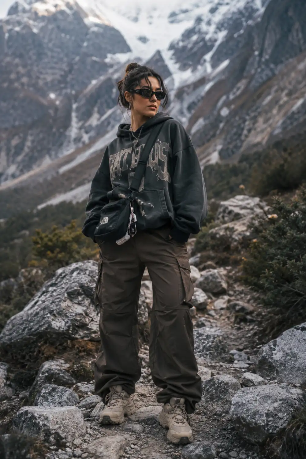 Woman wearing an earthy hiking outfit with rust-colored jacket, olive green leggings, hiking boots, and backpack while walking through a lush green forest trail surrounded by tall trees.
