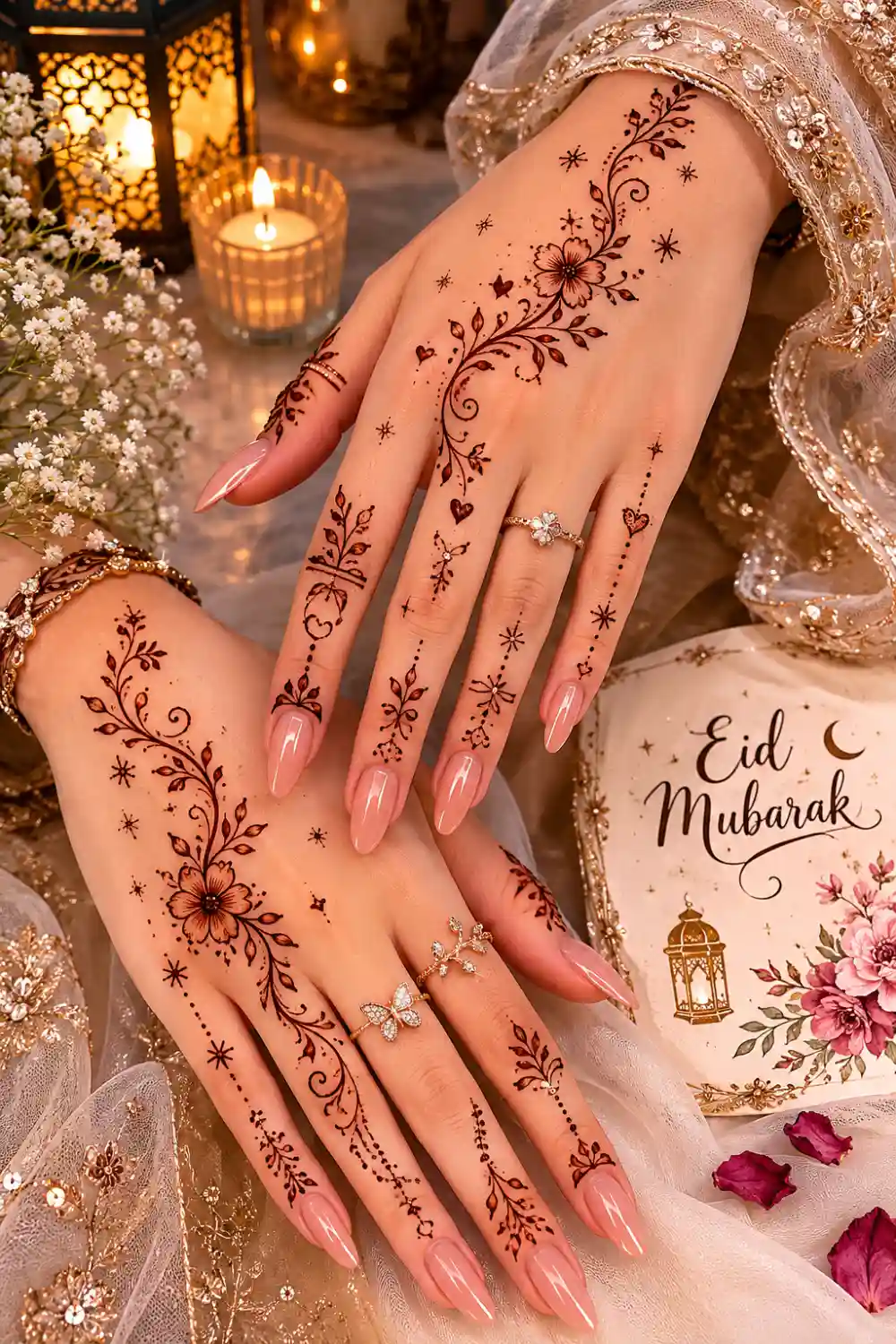 Cute floral Eid mehndi design for Eid ul Adha 2026 featuring tiny hearts, floral henna details, leafy trails, nude nails, and modern festive hand styling.