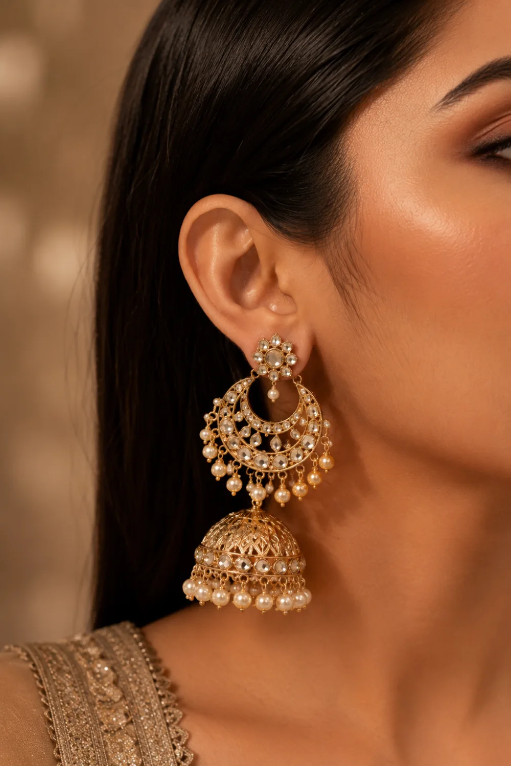 Chandbali fusion gold jhumka earrings with crescent moon detailing, pearl tassels, intricate ethnic craftsmanship, and elegant luxury bridal fashion styling