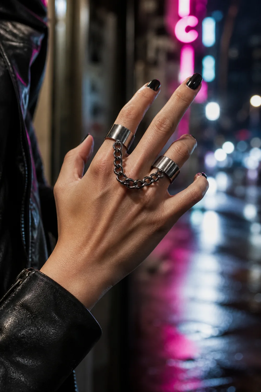 female hand wearing chain linked knuckle rings connecting two fingers, silver metal rings with chain detail, black nail polish, urban night background, edgy street style jewelry aesthetic