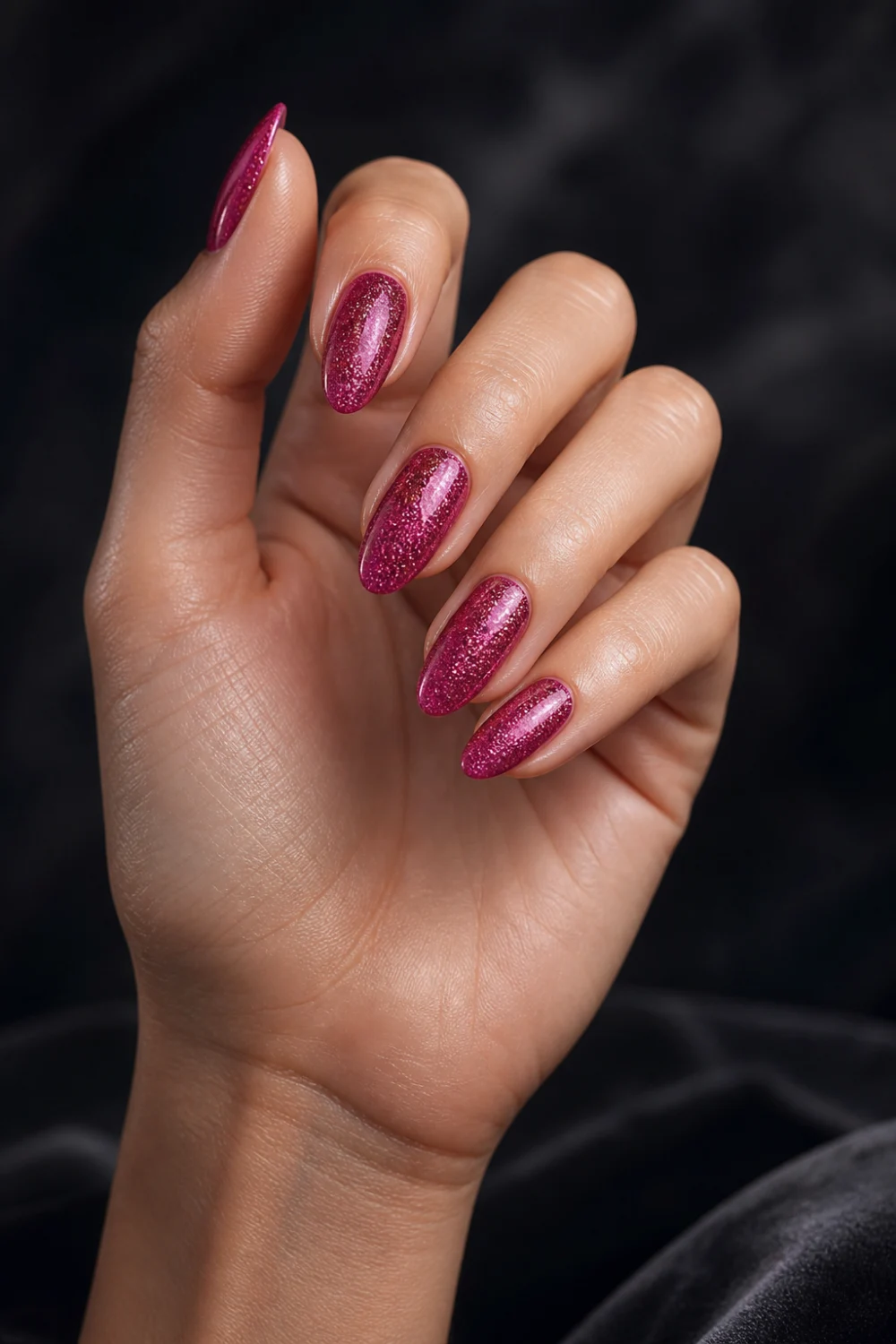 raspberry glitter nails deep pink sparkle glossy gel nails almond shape shiny aesthetic manicure glitter texture close up