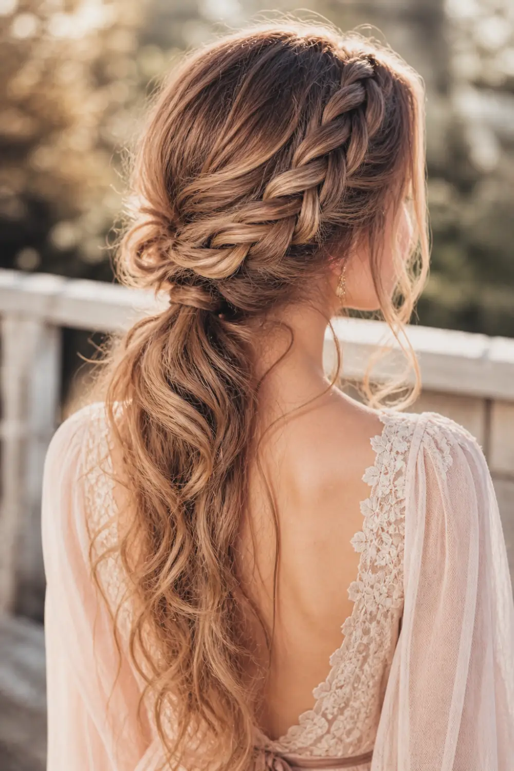double braided ponytail two braids merging into one ponytail textured layered hairstyle voluminous trendy hair look