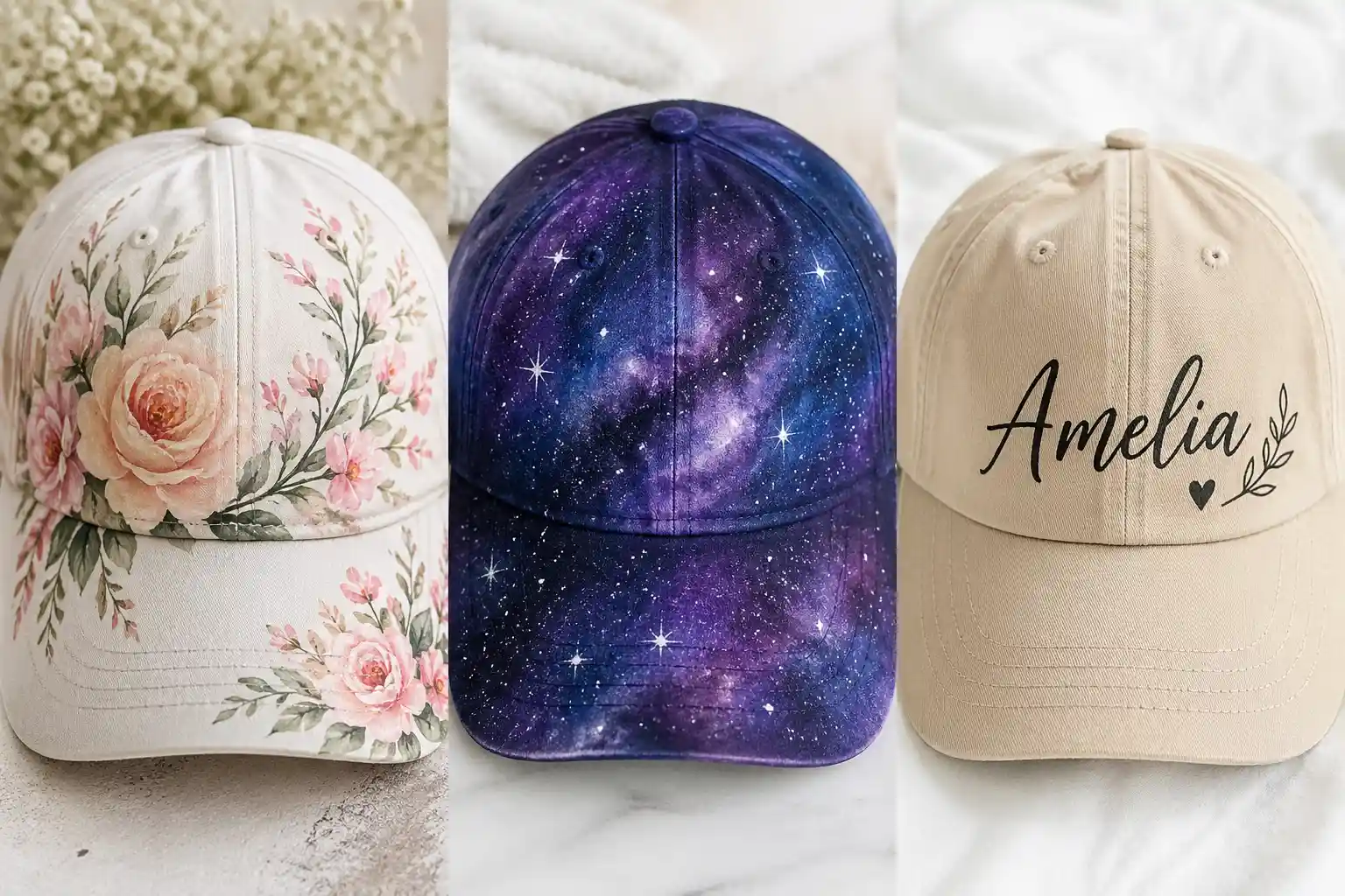 Three hand painted caps side by side featuring floral design, galaxy night sky pattern, and personalized name lettering, aesthetic DIY painted hat ideas collage