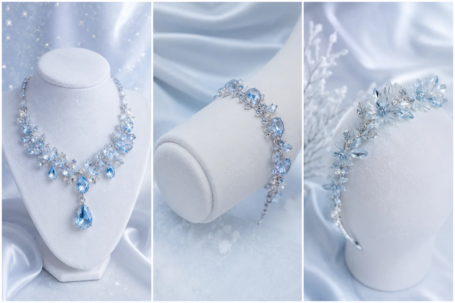 Luxury ice blue crystal accessories collection featuring an elegant statement necklace, sparkling crystal bracelet, and icy floral headband displayed on white velvet jewelry stands with soft frozen glam aesthetics for 2026 fashion trends.