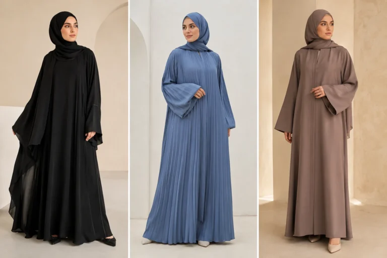 Three elegant Muslim women wearing luxury modest abaya ideas including black layered abaya, dusty blue pleated abaya, and mocha minimalist abaya with matching hijabs in modern modest fashion full body indoor portrait collage