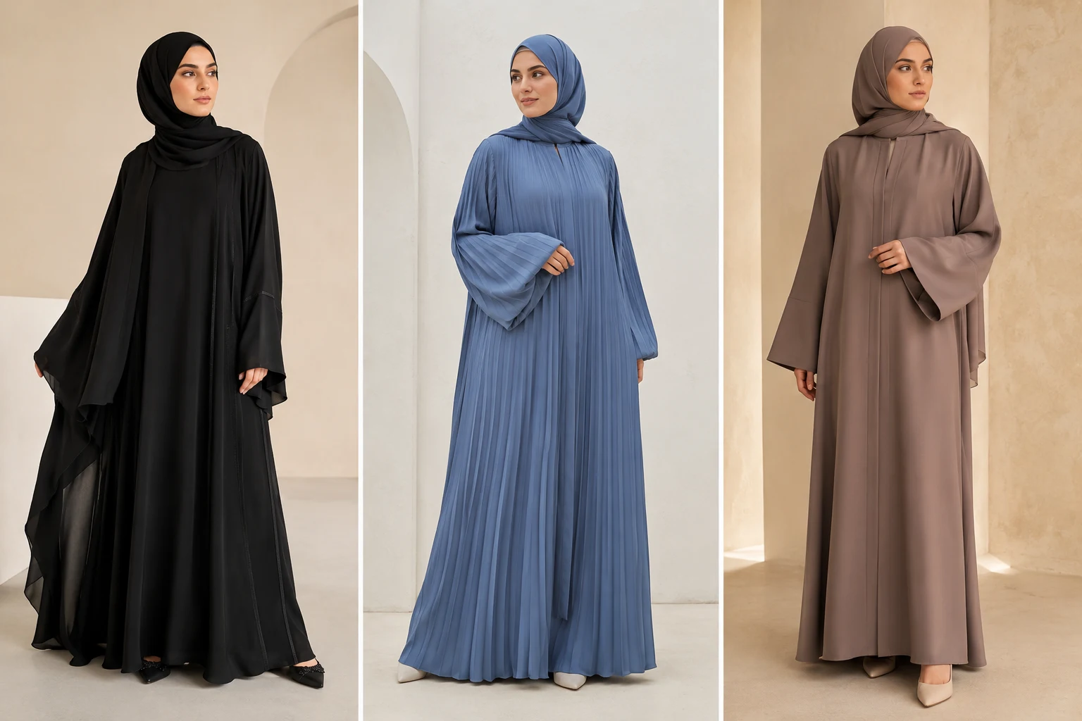 Three elegant Muslim women wearing luxury modest abaya ideas including black layered abaya, dusty blue pleated abaya, and mocha minimalist abaya with matching hijabs in modern modest fashion full body indoor portrait collage