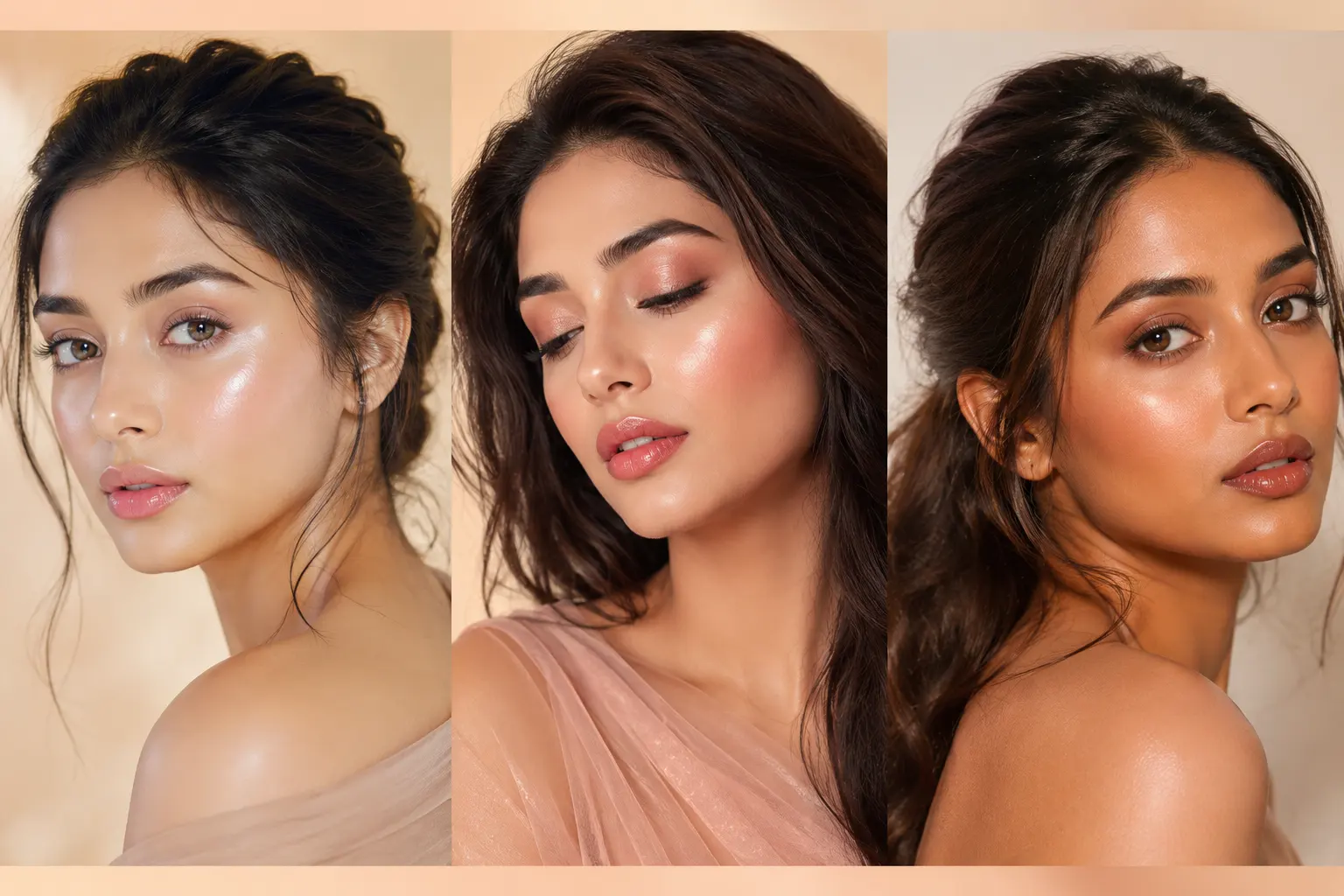 Collage of three South Asian women wearing trendy dewy makeup ideas with glowing skin glossy nude lips radiant blush soft shimmer eyes and luxurious Pinterest-inspired beauty glam