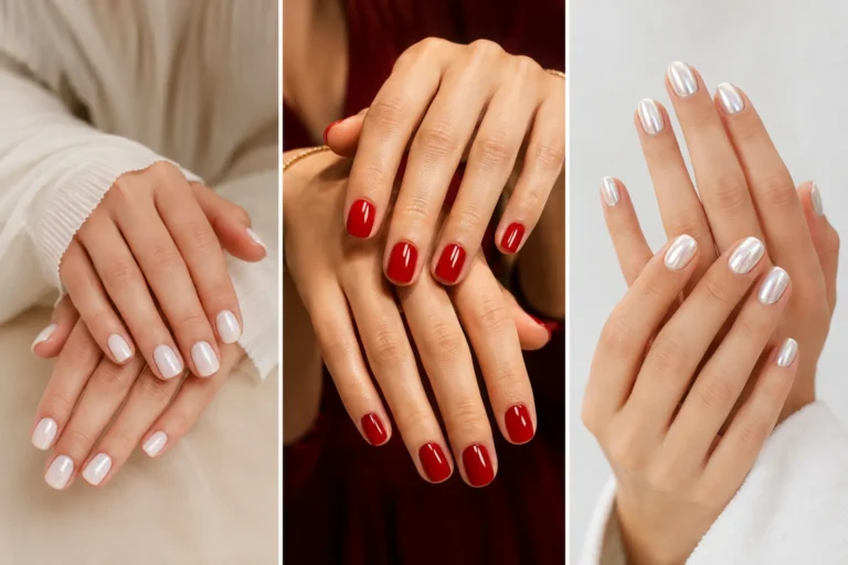 Pinterest-style featured collage image showing elegant feminine hands with milky white short nails, glossy cherry red manicure, and chrome glazed nails in a luxury beauty editorial layout with modern classy short nail paint ideas