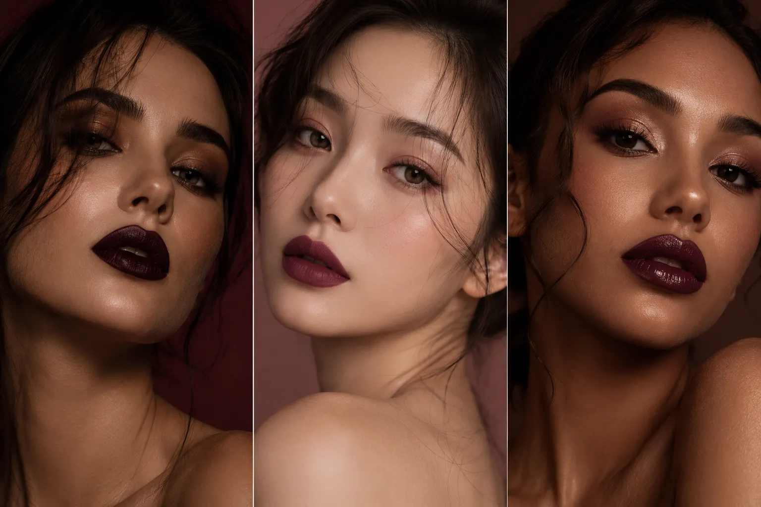Luxury beauty collage featuring three women with different plum lip looks including deep black cherry plum lips, soft berry plum lips, and glossy dark wine plum lips. Ultra realistic editorial beauty photography with glowing skin, smoky eye makeup, dark feminine aesthetics, cinematic lighting, and elegant dark romance beauty trends for 2026.
