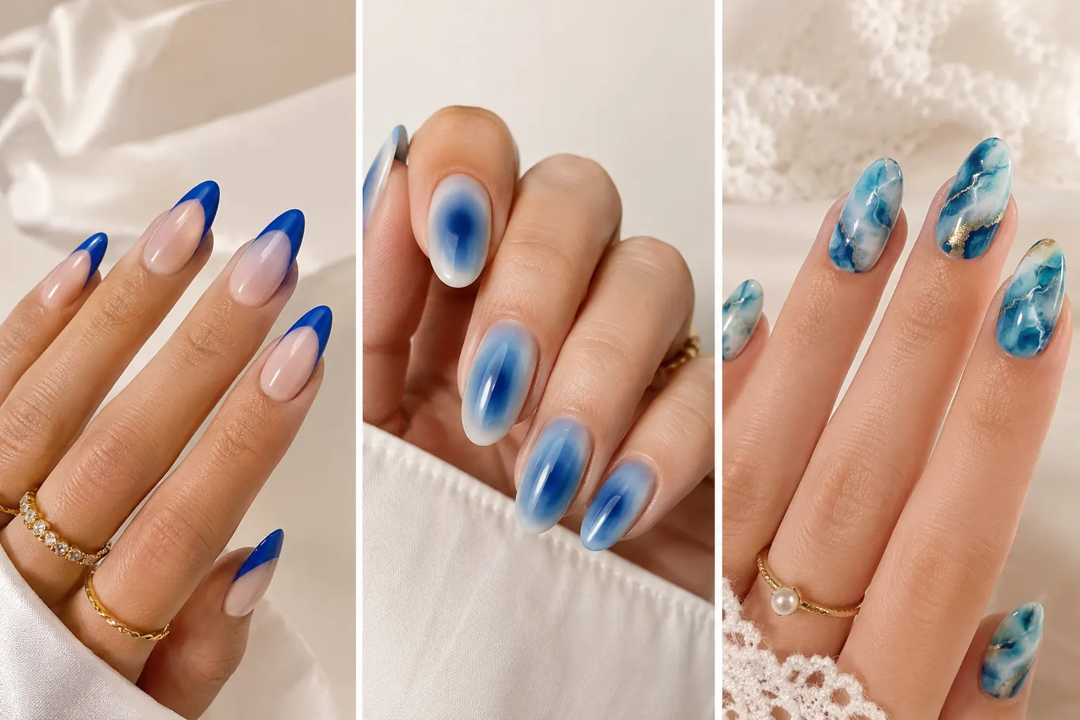 Collage of trendy blue nail design ideas featuring royal blue French tip nails, soft blue aura nails, and ocean marble blue nails with glossy almond-shaped manicures and elegant Pinterest-inspired beauty aesthetics.