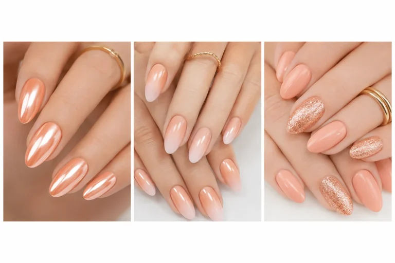 Collage of peach nail looks, peach ombre nails, and peach glitter almond nails with elegant feminine hands and trendy summer manicure aesthetic