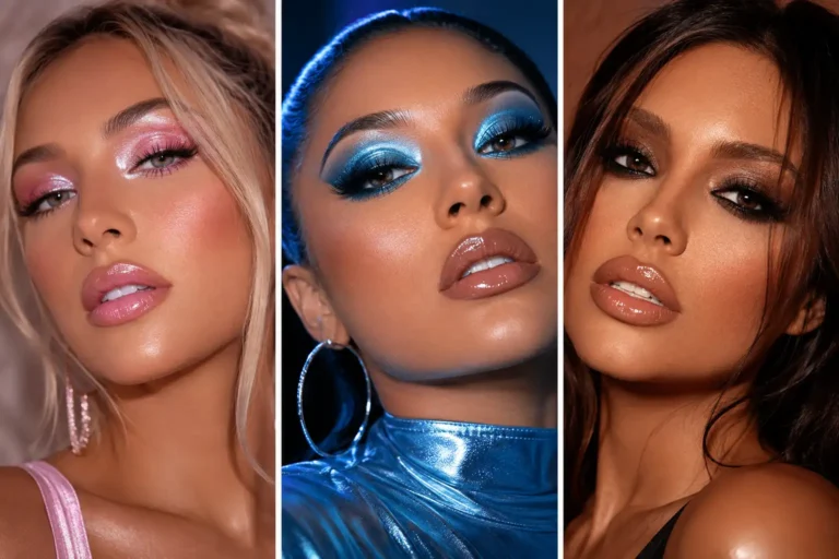 Luxury Y2K makeup ideas collage featuring frosted pink glam makeup, bold metallic blue eyeshadow, and smokey brown retro glam looks with glossy nude lips, glowing skin, dramatic lashes, and trendy early-2000s beauty aesthetics in a stylish three-panel beauty grid.