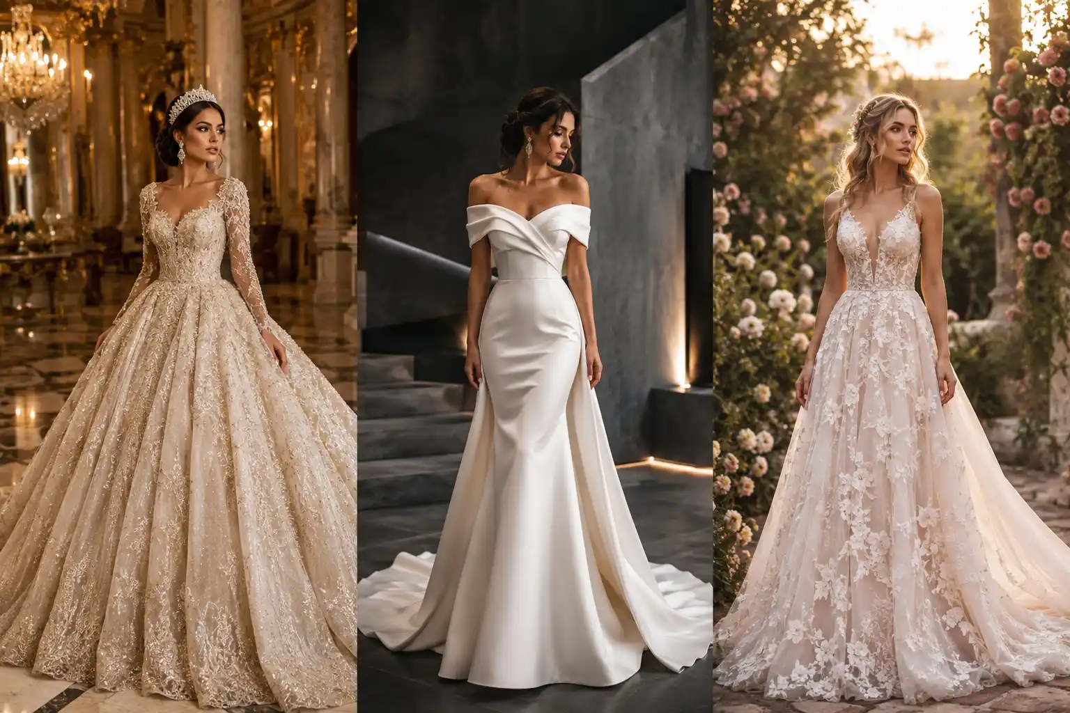 Luxury wedding dress ideas collage featuring three elegant wedding dresses including a royal glitter princess ball gown, modern off shoulder satin bridal gown, and romantic floral lace A-line wedding dress worn by beautiful brides in glamorous luxury settings.