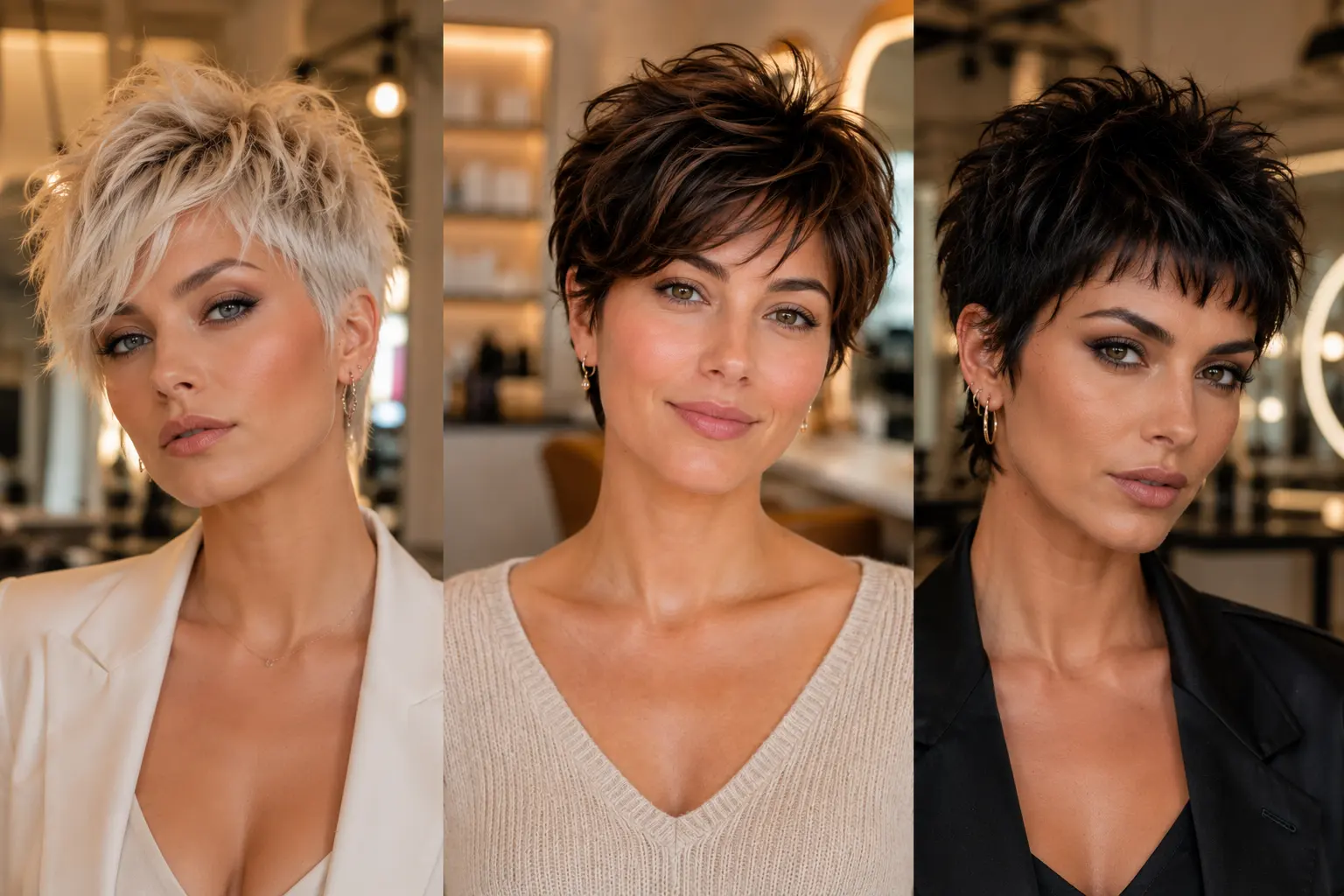 Collage of three women with trendy textured pixie hairstyles including blonde choppy pixie, soft brunette layered pixie, and edgy dark pixie cut in luxury salon settings with modern short hair styling and voluminous texture.