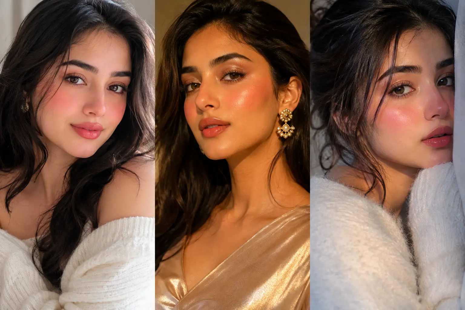 Featured collage image of three Pakistani and Indian girls wearing flushed rosy makeup looks with glowing glass skin, glossy nude lips, soft glam eyeshadow, feminine hairstyles, warm golden lighting, cozy beauty aesthetic, and trendy Pinterest makeup inspiration.