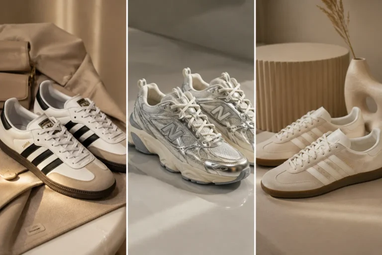 Collage featuring trendy women sneakers for 2026 including Adidas Samba sneakers, chunky silver New Balance sneakers, and neutral Adidas Gazelle sneakers styled in luxury minimalist aesthetic for fashionable everyday outfits and Pinterest sneaker inspiration.