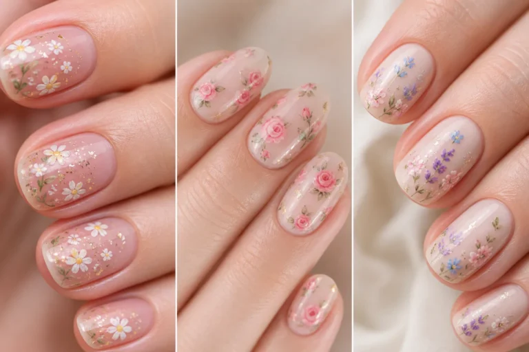 micro floral nail designs collage with soft nude base, tiny daisy rose and lavender nail art, glossy finish, pastel floral manicure, detailed close up grid layout