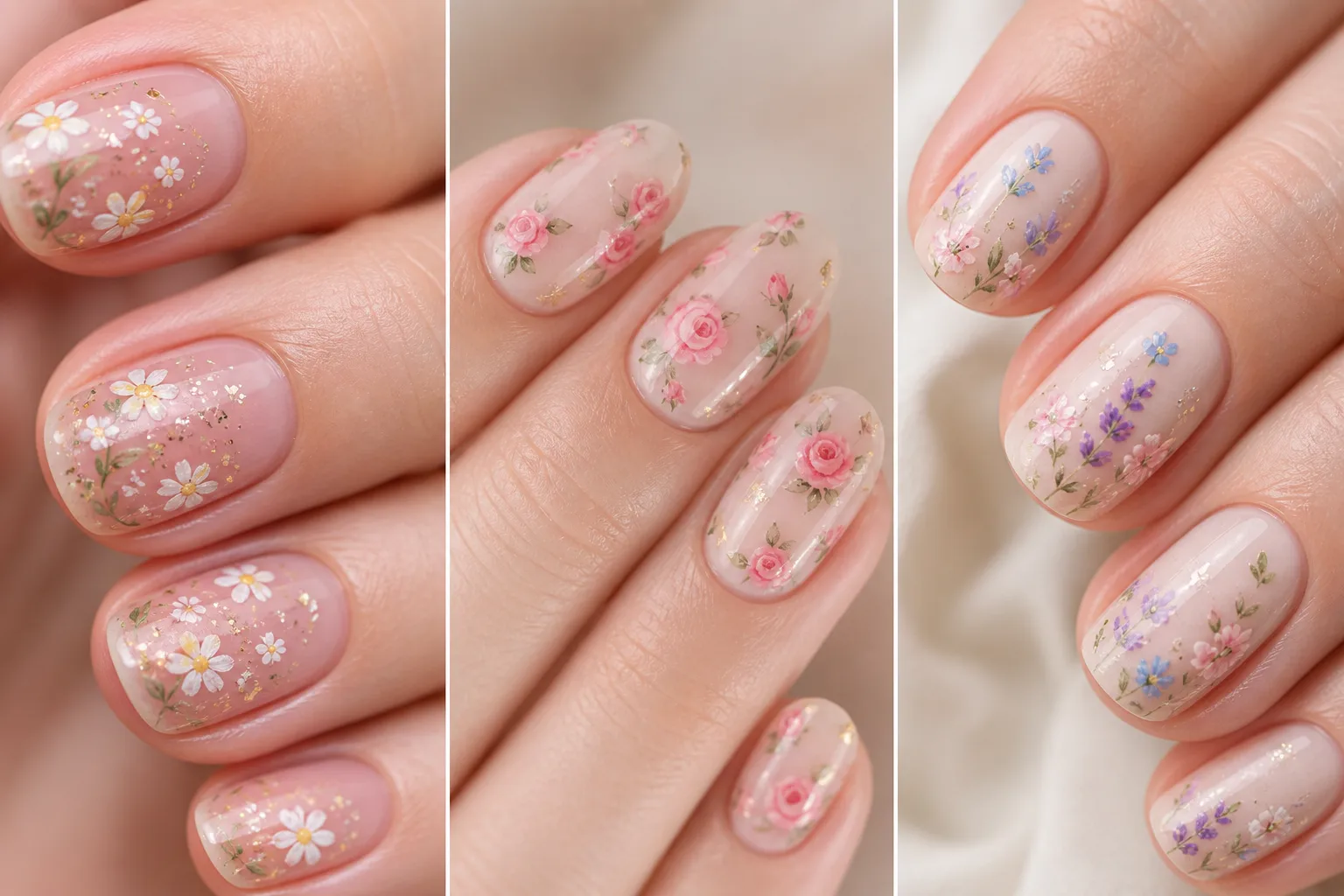 micro floral nail designs collage with soft nude base, tiny daisy rose and lavender nail art, glossy finish, pastel floral manicure, detailed close up grid layout
