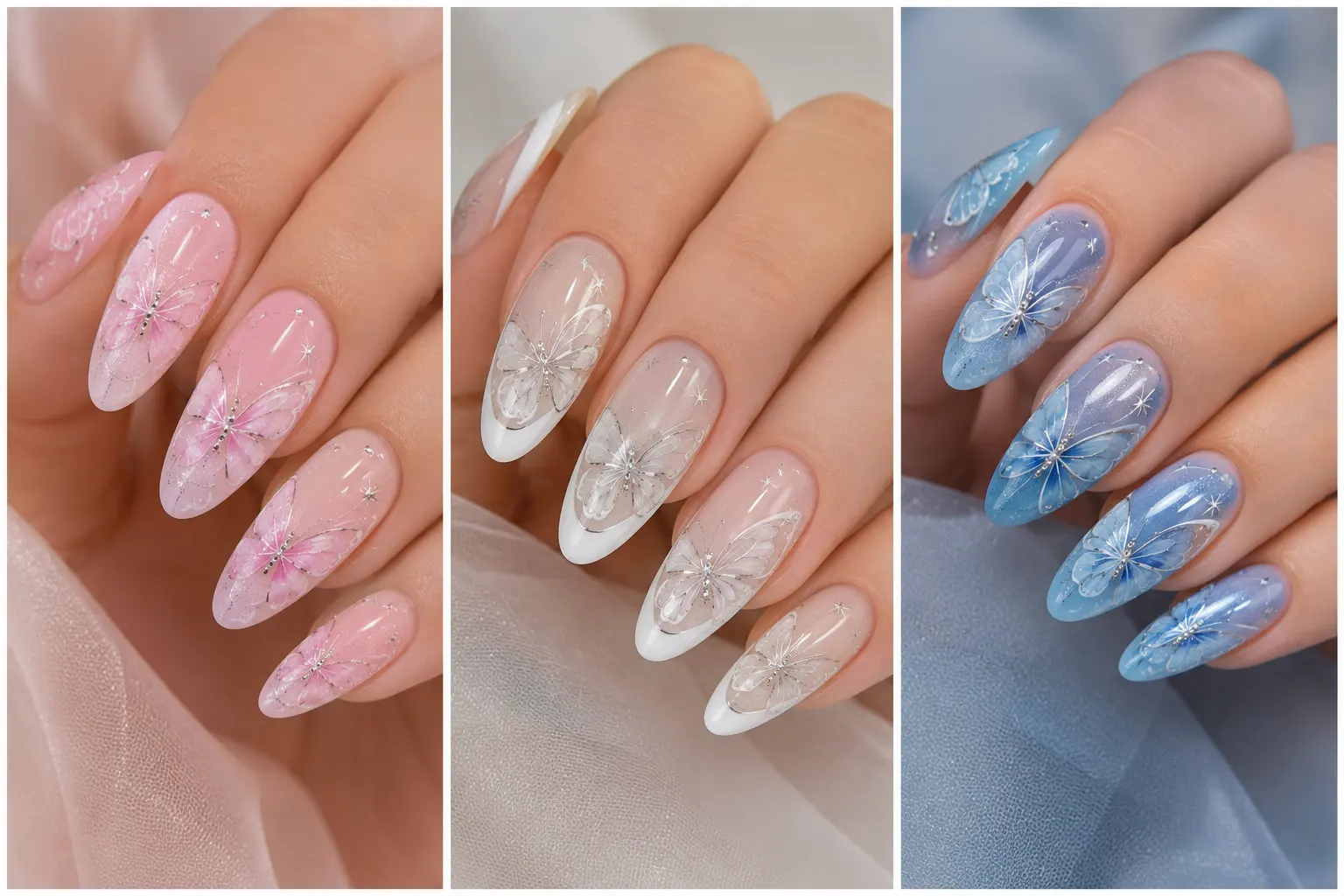Collage of glossy butterfly nail designs featuring soft pink, milky white French tip, and pastel blue nail designs with delicate butterfly wing nail art, shiny gel finish, and elegant feminine salon-style manicure inspiration.