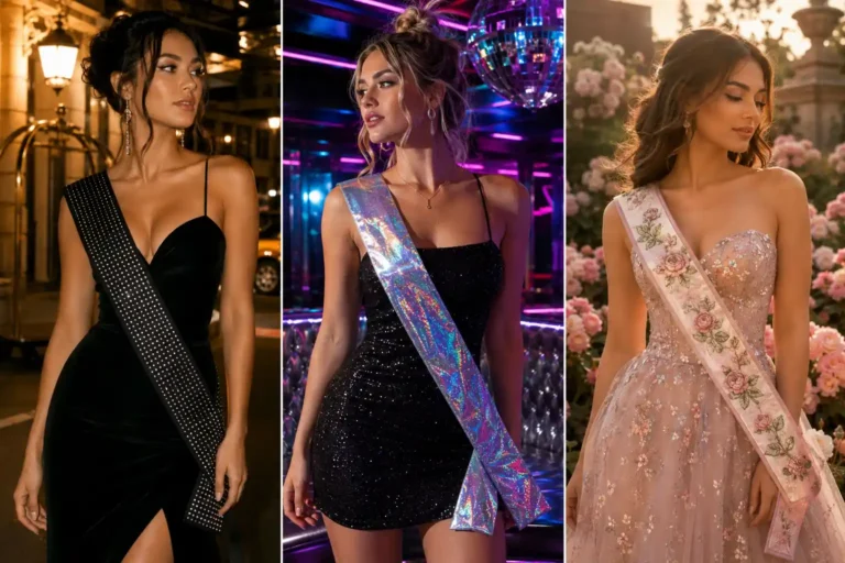 Luxury sash design ideas collage featuring glamorous women wearing black rhinestone, holographic disco, and floral princess sashes with elegant party fashion and Pinterest-inspired styling