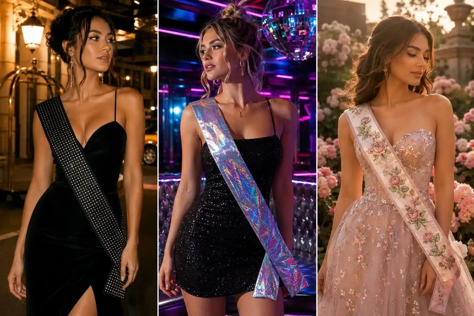 Luxury sash design ideas collage featuring glamorous women wearing black rhinestone, holographic disco, and floral princess sashes with elegant party fashion and Pinterest-inspired styling