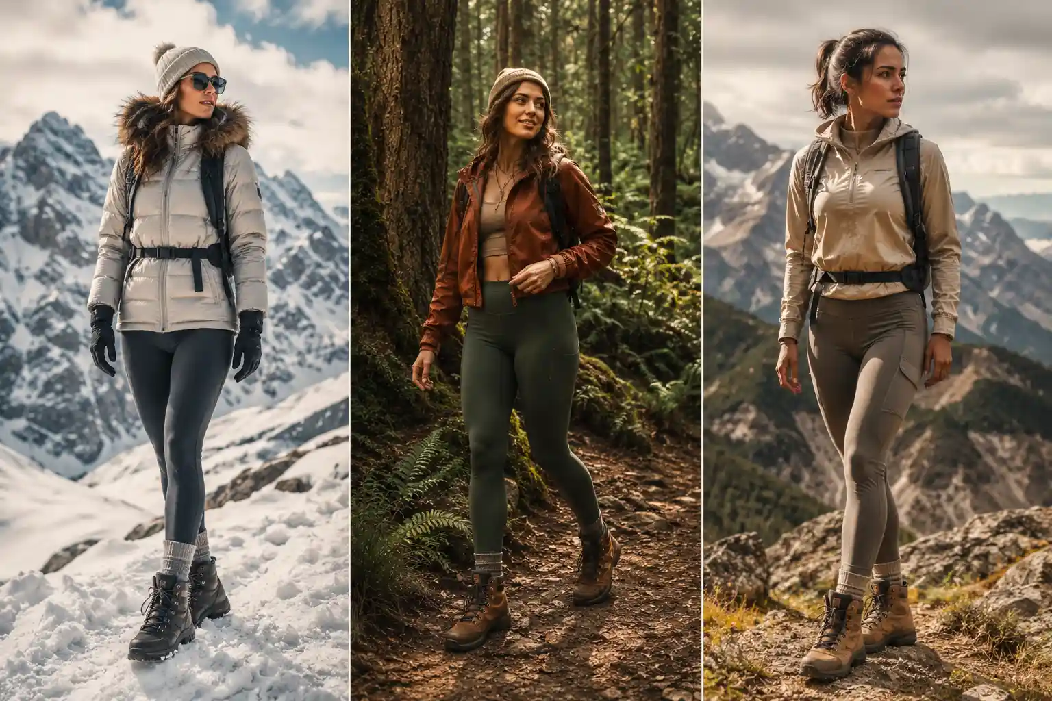 Collage featured image showing three stylish women wearing trendy hiking outfit ideas including snowy winter hiking clothes, earthy forest trail outfits, and neutral mountain hiking fashion with hiking boots, backpacks, and scenic outdoor mountain backgrounds.