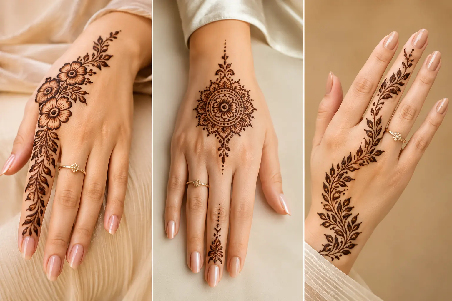 Luxury Eid ul Adha mehndi designs collage featuring three elegant Arabic henna hand designs with floral vine patterns, mandala mehndi art, leafy trails, nude glossy nails, gold rings, and modern feminine festive styling in soft neutral tones.
