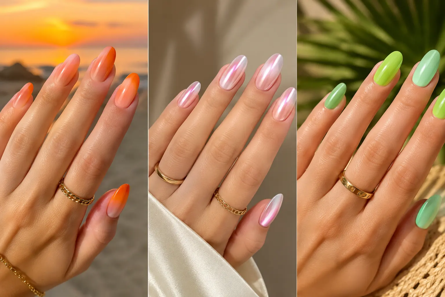 Luxury summer ombre nails collage featuring sunset orange ombre nails, chrome glazed pink ombre nails, and tropical green gradient nails on glossy almond-shaped manicures with elegant gold jewelry and trendy 2026 summer nail inspiration.