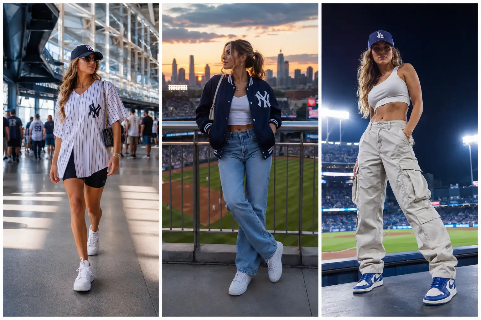 Collage of trendy women’s MLB Game Outfit Ideas featuring oversized Yankees jersey with biker shorts, varsity jacket with jeans, and sporty cargo pants outfit inside realistic baseball stadiums.