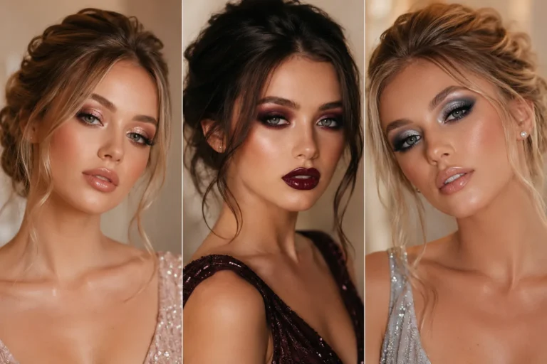 Prom makeup ideas collage featuring soft glam makeup, cherry cola smokey eyes, and icy silver glam makeup with glowing skin, glossy lips, and elegant prom beauty inspiration.