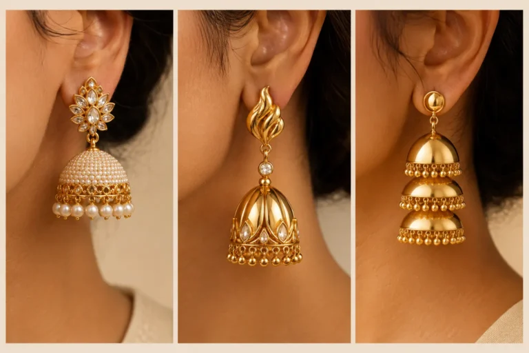 Luxury modern gold jhumka ideas earrings collage featuring pearl dome jhumkas, sculpted designer gold jhumkas, and layered glossy gold jhumka earrings in close-up editorial fashion styling with warm beige aesthetic and elegant ethnic jewelry inspiration